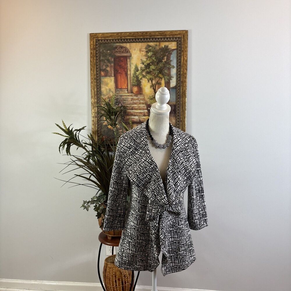 Calvin Klein Women Black White Printed Drape Ruffle Open Blazer Jacket Size 2